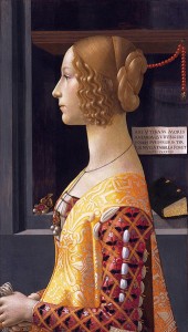 Ghirlandaio: Ritratto di Giovanna Tornabuoni, anno 1488, tecnica a tempera su tavola, dimensioni cm. 76 X 50, Museo Thyssen-Bornemisza, Madrid.